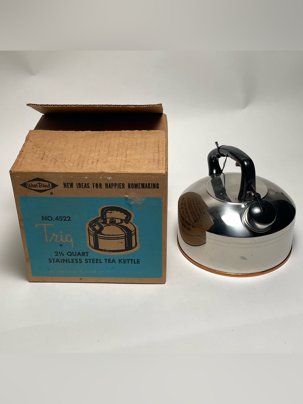 VTG West Bend Trig Tea Kettle 2.5 Qt Stainless Steel Copper Bottom in Box 1969